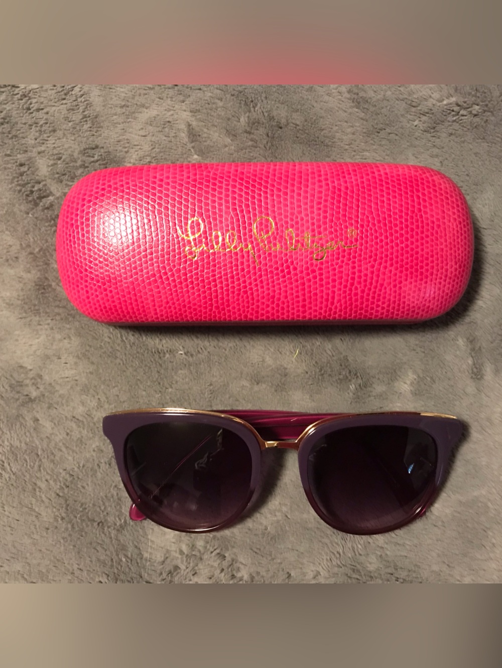 Lilly Pulitzer purple cat-eye sunglasses with hot pink case
